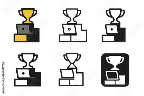 Innovative Technology Logos. Learning new technologies. Set Logo of Learning new technologies: Hackathon podium (trophy + laptop). harmonious logo variations