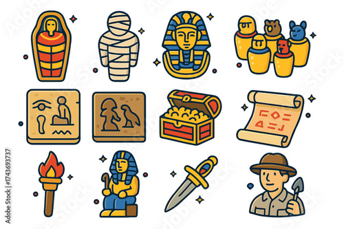 Tomb Artifact Icons. Tomb artifacts. Colorful isometric vector icons set of tomb artifacts: sarcophagus, mummy, burial mask, canopic jars, hieroglyphs, stone