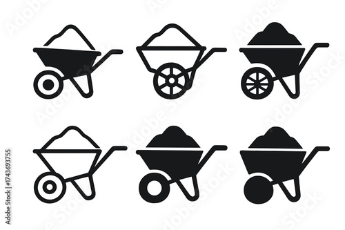 Stylized Cement Logos. Wheelbarrow with cement. Set Logo of heavy load: stylized cement mound exaggerated above barrow. harmonious logo variations of the same