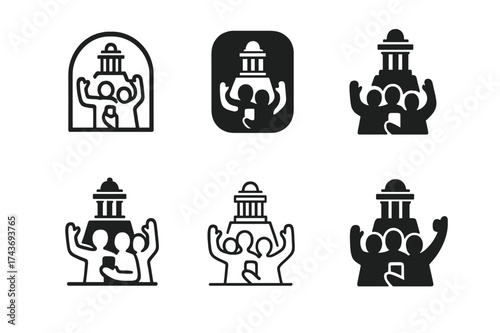Monumental Selfie Logos. Taking travel selfies. Set Logo of group selfie: multiple figures posing in front of monument. harmonious logo variations of the same
