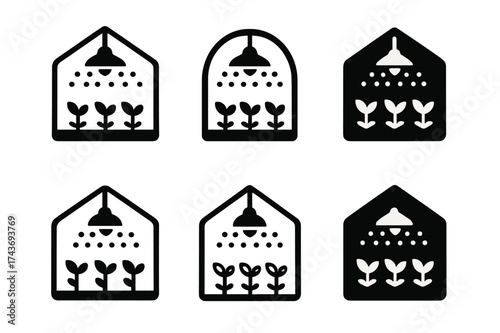 LED Greenhouse Logos. Indoor farming with LED lighting. Set Logo of greenhouse icon: enclosed structure with glowing lights inside. harmonious logo variations