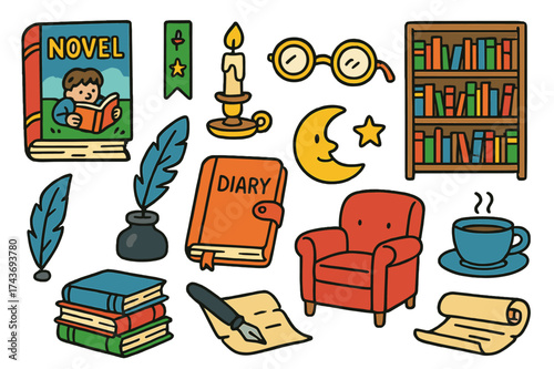 Whimsical Reading Icons. Novel. Colorful Hand-drawn doodle Children illustration Hardcover book, bookmark, candle, reading glasses, quill, ink bottle, diary,