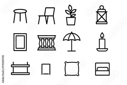 Balcony Decor Icons. Balcony decor. Line icon set of balcony decor: small table, chair, potted plant, lantern, rug, railing, sun umbrella, candle, shelf,