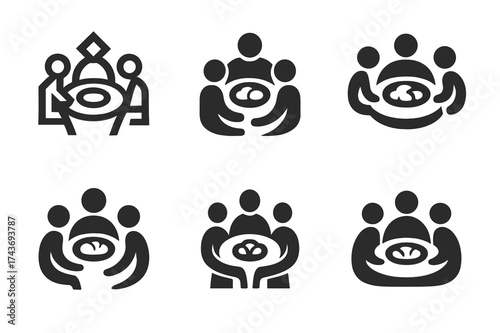 Meal Sharing Logos. Strengthening relationships through shared experiences. Set Logo of meal sharing: figures sitting around table with food. harmonious logo