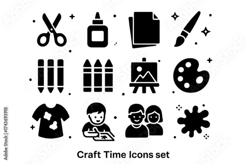 Craft Time Icons. Craft Time. Solid icons set of Craft Time: Scissors, Glue, Paper, Paintbrush, Markers, Crayons, Canvas, Palette, Smock, Child Drawing, Two