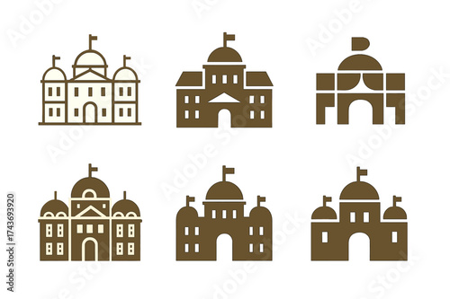 Palace Facade Logo Variations. Royal palaces. Set Logo of Architecture: palace facade icon. harmonious logo variations of the same emblematic concept, each
