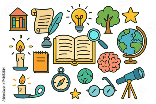 Colorful Knowledge Doodles. Knowledge. Colorful Hand-drawn doodle Children illustration Open book, quill pen, scroll, candle, magnifying glass, globe, brain,