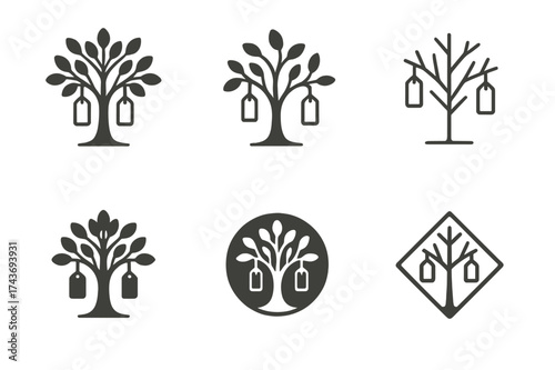 Harmonious Friendship Logos. Friendship and self-expression. Set Logo of Friendship and self-expression: Friendship tree with hanging tags. harmonious logo