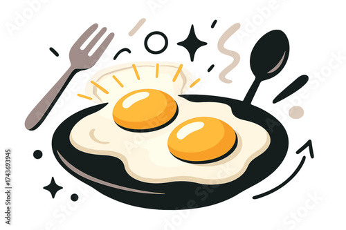 Dynamic Breakfast Scene. Egg breakfast. Glowing sunny-side-up eggs with abstract floating utensils and soft glow highlighting freshness and warmth. Modern flat