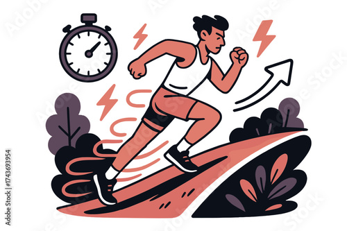 Dynamic Runner Challenge. Fitness challenge. Runner sprinting up a glowing park slope, energy lines trailing behind. Floating stopwatch and lightning icons