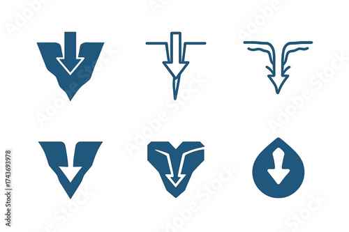 Ocean Trench Logos. Exploration of ocean depths and undiscovered marine ecosystems. Set Logo of ocean trench: stylized crack in seafloor with descending arrow.