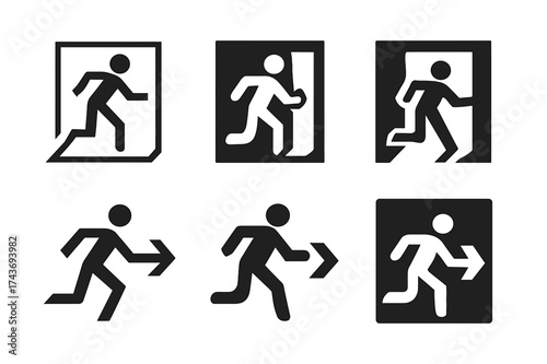 Emergency Exit Logos. Workplace safety and hazard prevention. Set Logo of emergency exit sign: Abstract geometric, Filled silhouette, Symmetrical form,