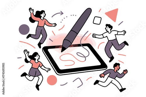 Abstract Digital Design. Tablet and stylus. Glowing tablet with abstract stylus hovering above, floating geometric shapes and light lines emphasizing digital