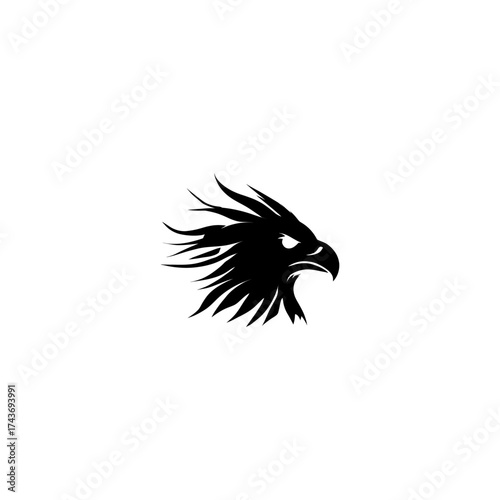 A black silhouette of an eagle head with sharp features, set against a white background