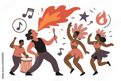 Carnival Vibrance. Carnival energy. Fire breather glowing as sparks light up dancers and drums nearby. Floating icons of music, star, and flame showing