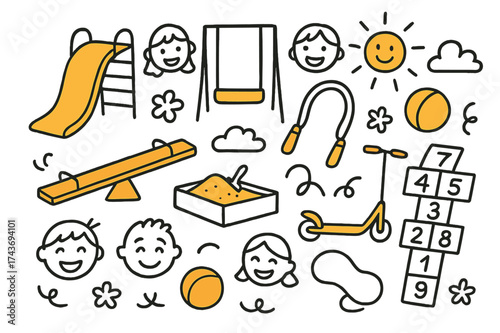 Playground Fun Icons. Playground Joy. Hand-drawn doodle illustration slide (colored), swing, seesaw (colored), sandbox, jump rope (colored), ball, scooter