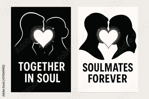 Soulful Silhouette Banners. Soulmates. Two vertical A6 banners, flat vector design, black and white backgrounds, two silhouettes merging into a single glowing