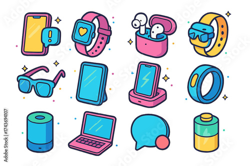 Isometric Tech Icons. Smartphones and Wearable Tech. Colorful isometric vector icons set of Smartphones and Wearable Tech in Daily Life: smartphone,