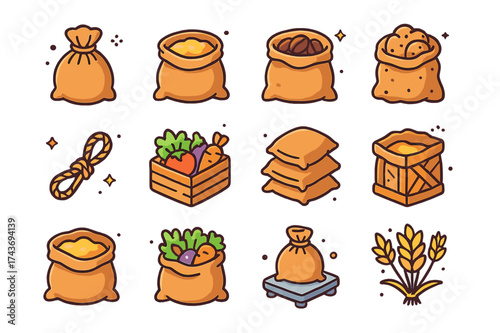 Colorful Burlap Sack Icons. Burlap sack. Colorful isometric vector icons set of burlap sack: tied burlap sack, grain bag, coffee bean sack, potato sack, wheat