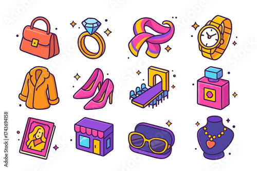 Luxury Fashion Icons. Luxury fashion. Colorful isometric vector icons set of luxury fashion: designer handbag, diamond ring, silk scarf, gold watch, fur coat,