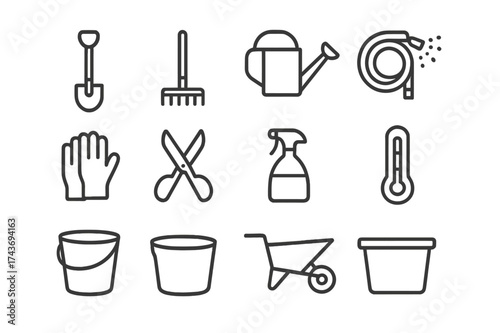 Greenhouse Tool Icons. Greenhouse tools. Line icon set of greenhouse tools: shovel, rake, watering can, hose, gloves, scissors, spray bottle, thermometer,