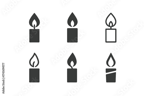 Candle Logo Variations. Birthday candle wish. Set Logo of Celebration: candle flame icon. harmonious logo variations of the same emblematic concept, each with
