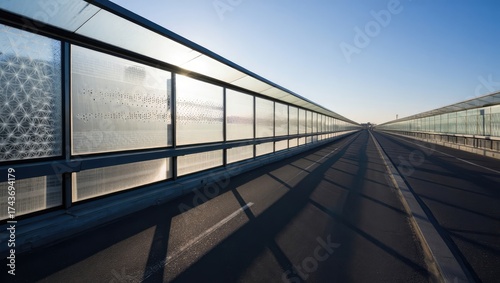 Minimalist perspective view of a pedestrian bridge with metal railings under warm sunset light. Long lines lead to the horizon. Raster. Generative AI.