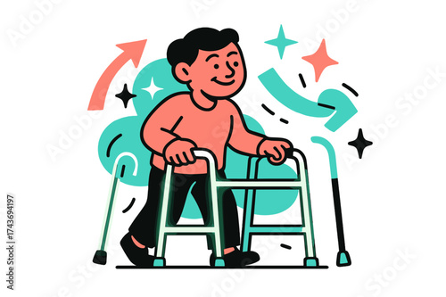 Glowing Mobility Independence. Mobility devices. A glowing walker and cane with abstract floating arrows and stars, a character smiling with comfort and