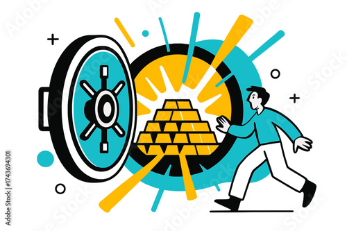 Golden Vault Opened. Vault with gold bars. Massive round vault door swung open, glowing stacks of gold bars inside radiating light. Abstract beams spill