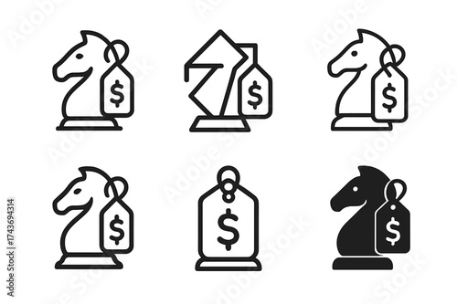 Strategic Pricing Logos. Business pricing strategies. Set Logo of Business pricing strategies: chess knight merged with a price tag (strategy + pricing).