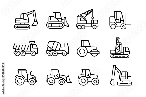 Heavy Machinery Icons. Heavy machinery. Line icon set of heavy machinery: excavator, bulldozer, crane, forklift, dump truck, cement mixer, road roller,