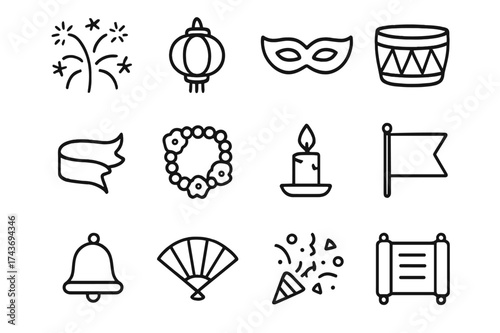 Festival Icon Set. Festivals and celebrations. Line icon set of festivals and celebrations: fireworks, lantern, mask, drum, ribbon, flower garland, candle,