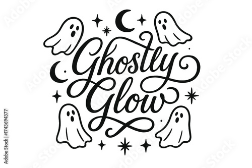 Ghostly Flourish Lettering. Ghostly Glow ? Flourish Lettering with elegant curling swashes, circular balanced composition, medium-thick strokes, framed by