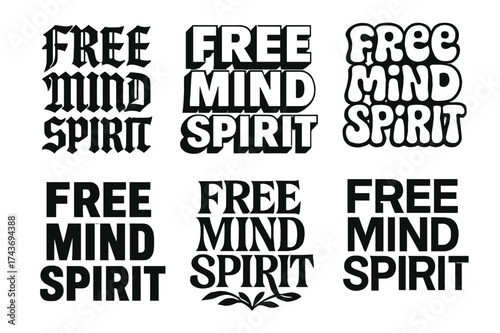 Free Mind Lettering. Free Mind Spirit. Set lettering. harmonious lettering variations of the same emblematic concept (Gothic-inspired decorative type, 3D