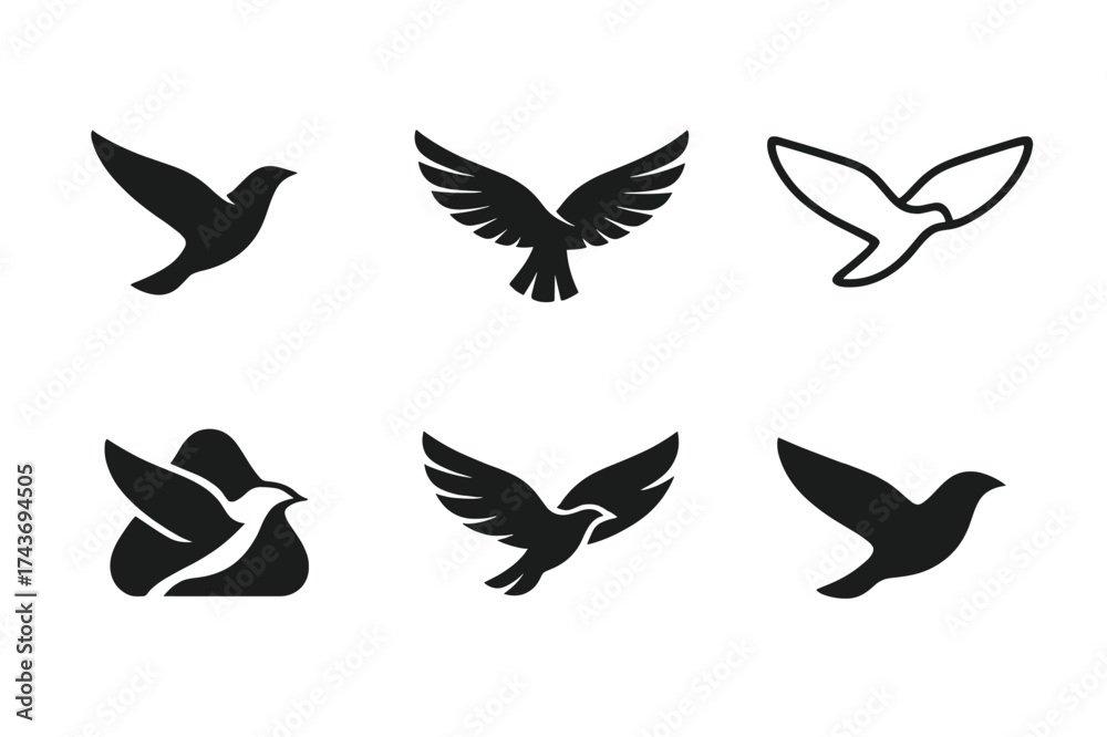 Fototapeta premium Bird Logo Variations. Bird soaring in the sky. Set Logo of Nature: flight silhouette icon. harmonious logo variations of the same emblematic concept, each with