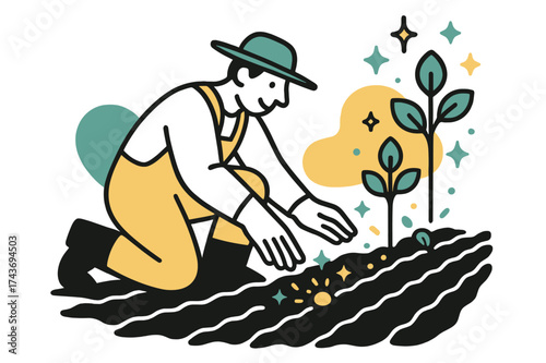 Glowing Seed Planting. Field planting. A farmer kneeling to plant glowing seeds in rows, abstract sparkles and sprouting icons floating upward showing growth.