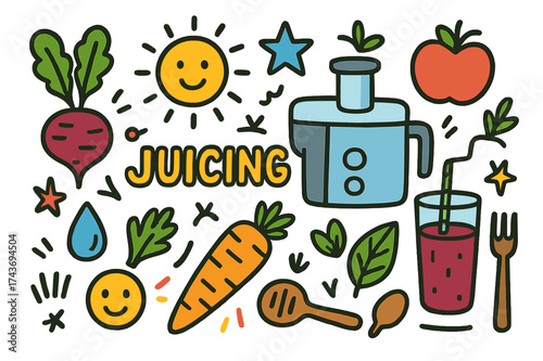 Juicy Delight Doodles. Juicing. Colorful Hand-drawn doodle Children illustration beetroot, juicer, glass, straw, carrot, apple, leaf, water droplet, spoon,