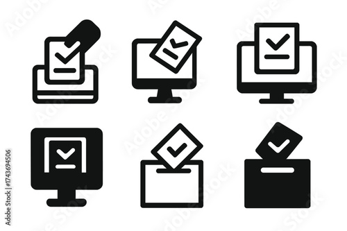 E-Governance Icons. E-governance. Set Logo of online voting ballot: Stylized detail, Iconic shape, Minimal outline, Flat solid, Abstract geometric, Negative