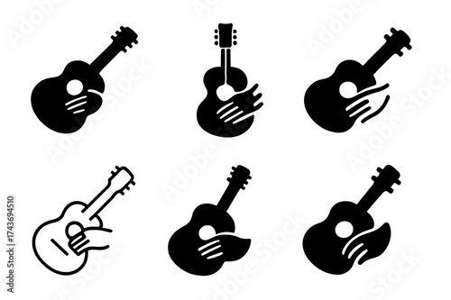 Harmonious Guitar Logos. Guitar strumming. Set Logo of Guitar strumming: acoustic guitar silhouette. harmonious logo variations of the same emblematic concept,