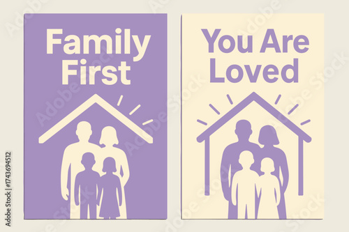 Heartwarming Family Banners. Family. Two vertical A6 banners, bold, lavender and cream backgrounds, family silhouettes under a cozy roof with sun rays, first