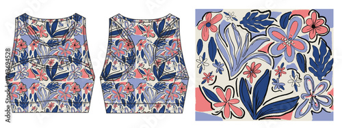 Vibrant activewear design with seamless hand-drawn floral pattern. bold botanical. women’s sports bras, yoga tops, crop tanks, and athleisure wear. textile prints, apparel surface design, active wear.