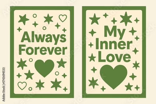 Affection Banners Design. Affection. Two vertical A6 banners with safe margins, centered composition, no elements touching edges, memphis style, olive green