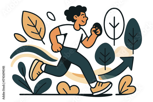 Jogging Through Nature. Nature run. Person jogging past glowing leaves and abstract tree icons. Light trails forming arcs of motion in harmony with nature.