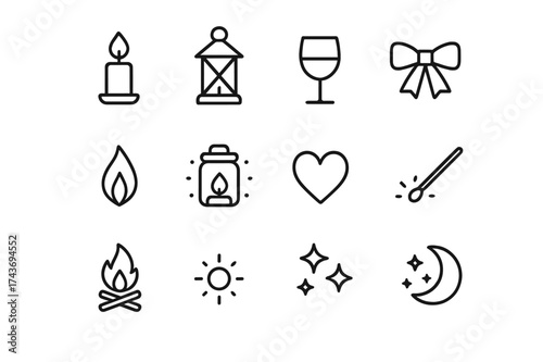 Elegant Evening Icons. Evening celebration. Line icon set of Evening celebration: candle, lantern, wine glass, ribbon, flame, glowing jar, heart, matchstick,