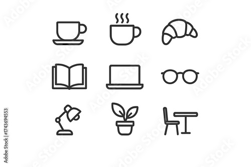 Cozy Coffee Shop Icons. Cozy coffee shop. Line icon set of cozy coffee shop: coffee cup, steaming mug, croissant, open book, laptop, glasses, desk lamp, plant,