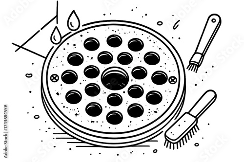 Floor Drain Doodle. Floor Drain Cover Close-Up. Hand-drawn doodle illustration floor drain cover close-up round grate, holes, screws, water drops, metal