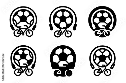Sports Emblem Variations. Children playing sports or engaging in physical activities. Set Logo of sports badge: circular emblem combining soccer ball, jump
