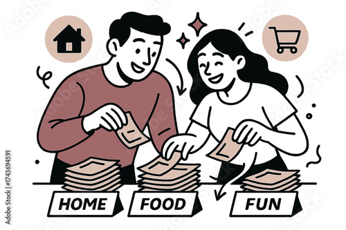 Family Budgeting Teamwork. Family budgeting. Parents glowing as they sort bills into piles labeled Home, Food, Fun. Floating icons of house, cart, and sparkle