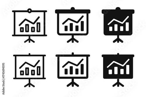 Creative Logo Variations. Students making presentations and projects. Set Logo of projector screen: chart and graphs displayed. harmonious logo variations of