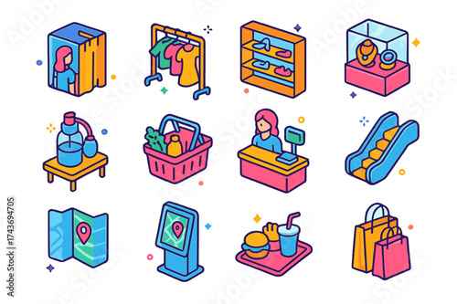 Colorful Shopping Icons. Shopping experience. Colorful isometric vector icons set of shopping experience: fitting room, clothes rack, shoe shelf, jewelry
